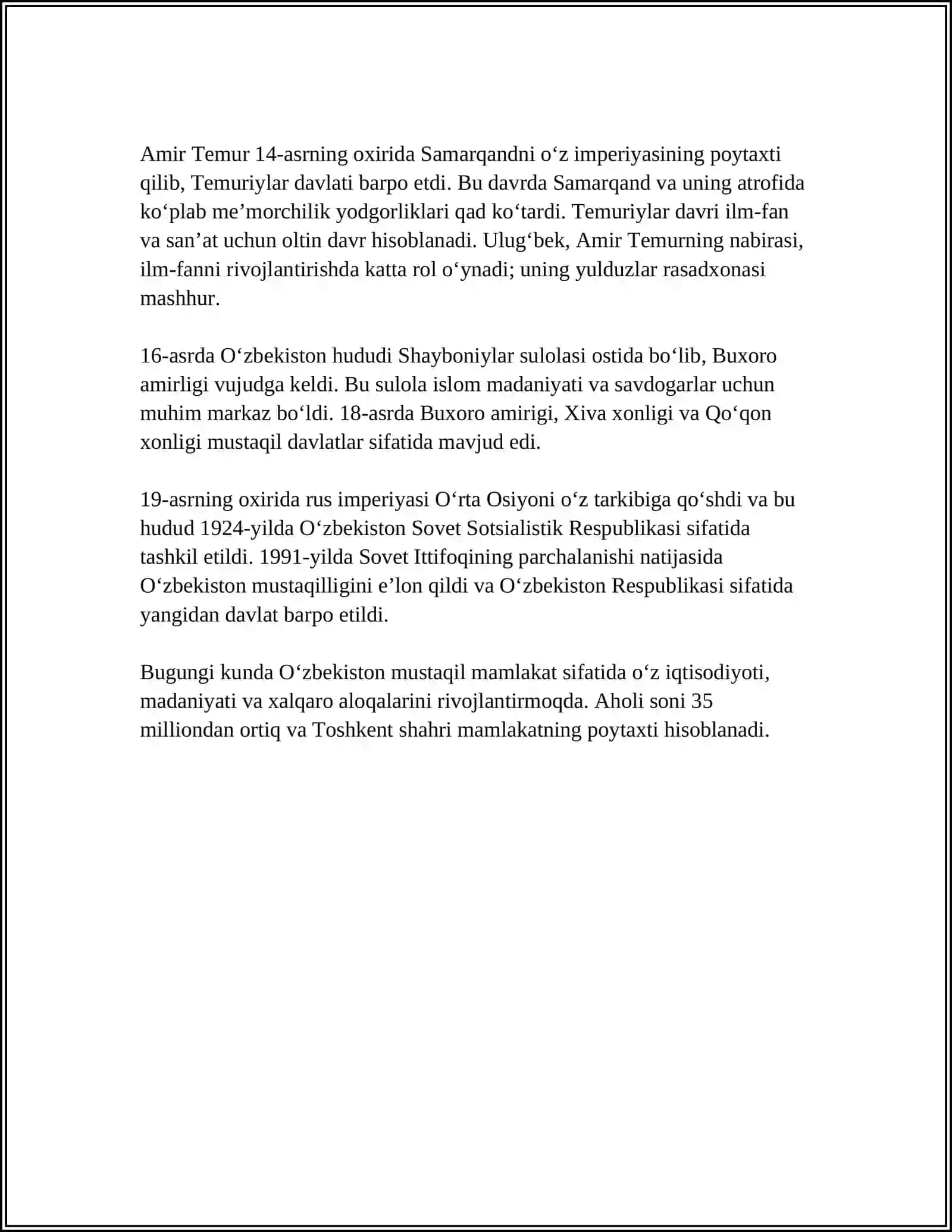 OʻZBEKISTON RESPUBLIKASI OLIY TA’LIM FAN VA INNOVATSIYA VAZIRLIGI TDTU MUSTAQIL ISH 4