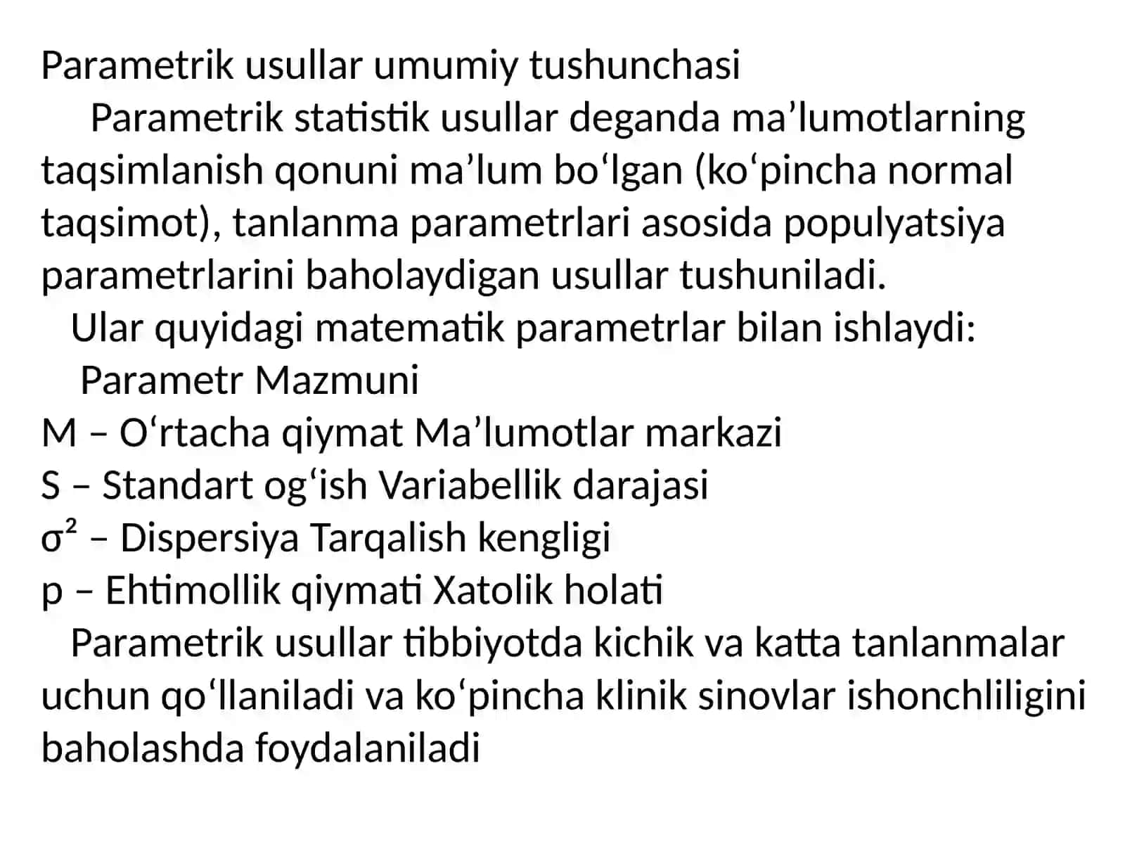 Statistik tadqiqotlar natijalarini xaqqoniyligini baholashni parametrik usullari 4