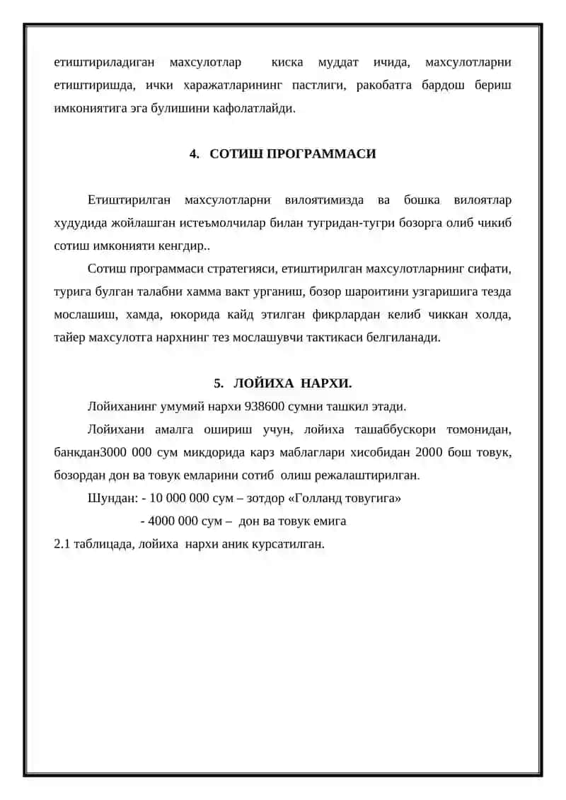 "ПАРРАНДАЧИЛИК" ЛОЙИХАСИНИНГ БИЗНЕС-РЕЖАСИ 4