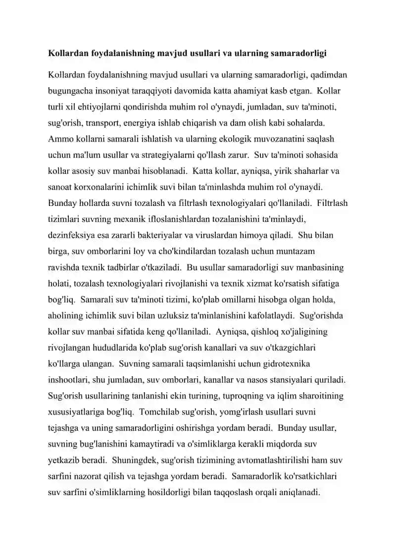 Ozbikiston hududidagi kollarni umumiy tavsifi va ularning ahamiyati 4
