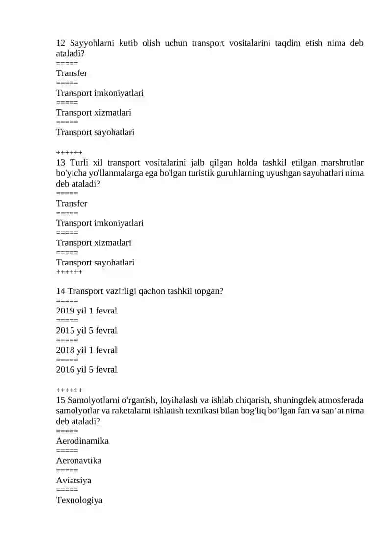 TURIZM TRANSPORTI VA DISTRIBUTSIYASI FANIDAN TEST SAVOLLARI 4