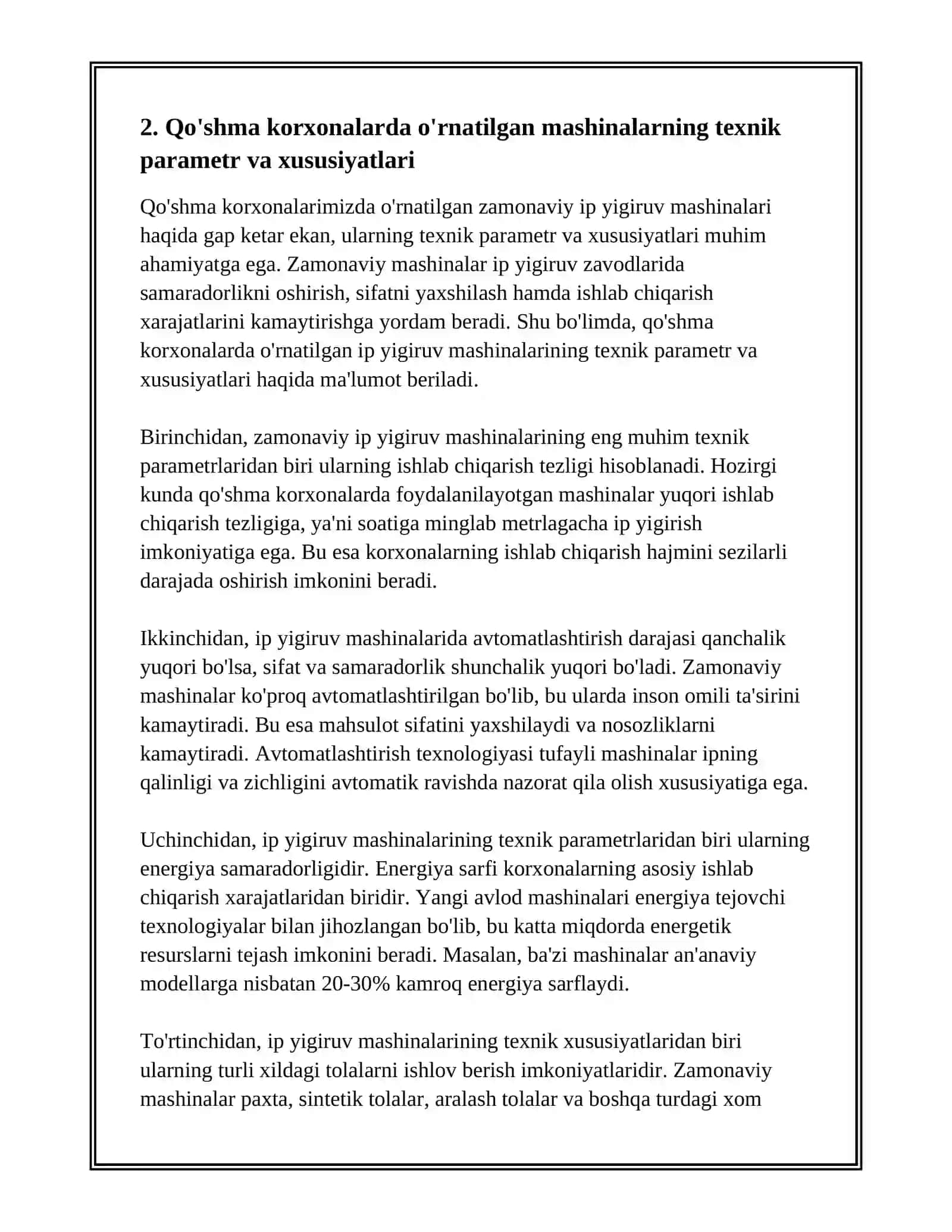 RESPUBLIKAMIZ QO'SHMA KORXONALARIDA O'RNATILGAN ZAMONAVIY IP YIGIRUV MASHINALARI TO'G'RISIDA ASOSIY MA'LUMOTLAR 4