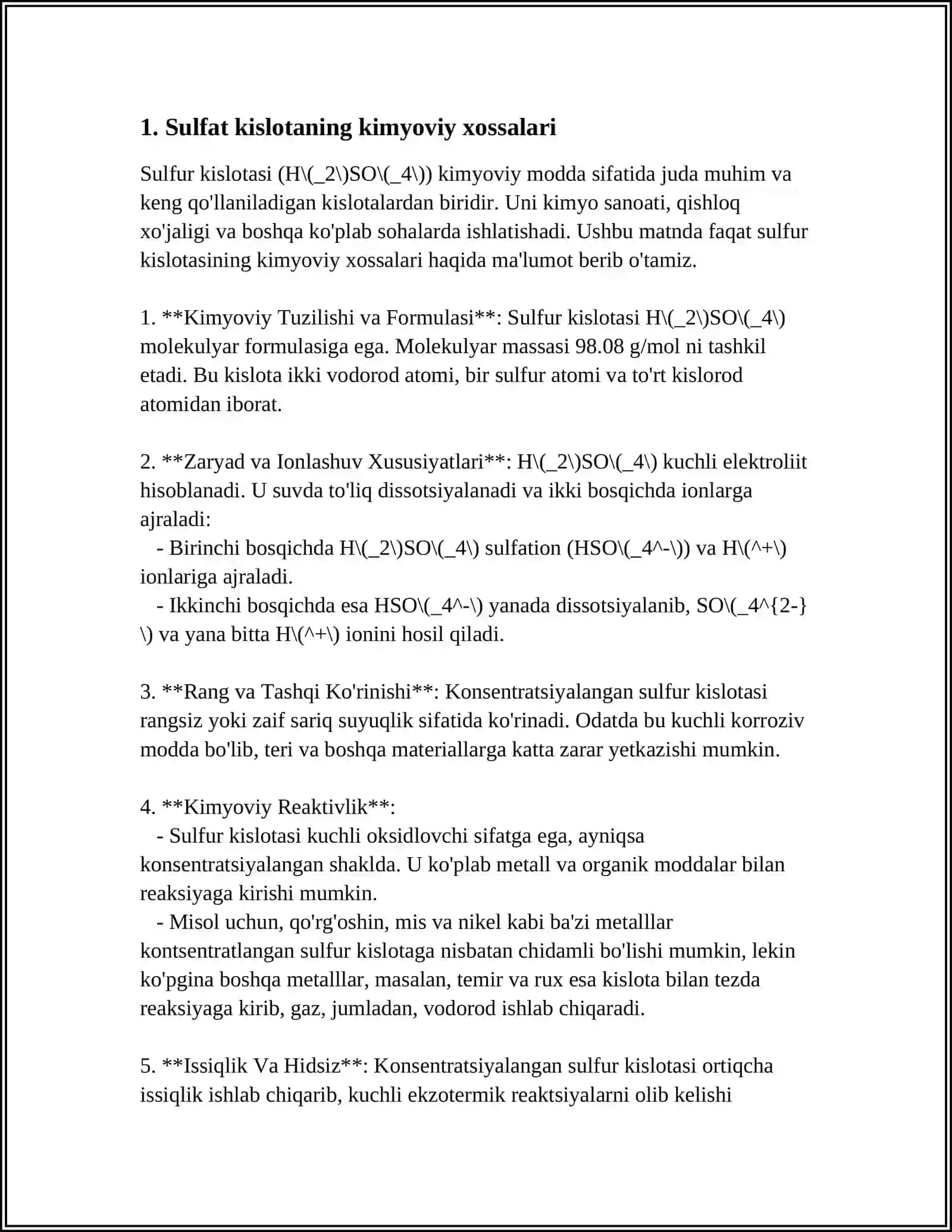Sulfur kislotasi (H2SO4) kimyoviy xossalari 4