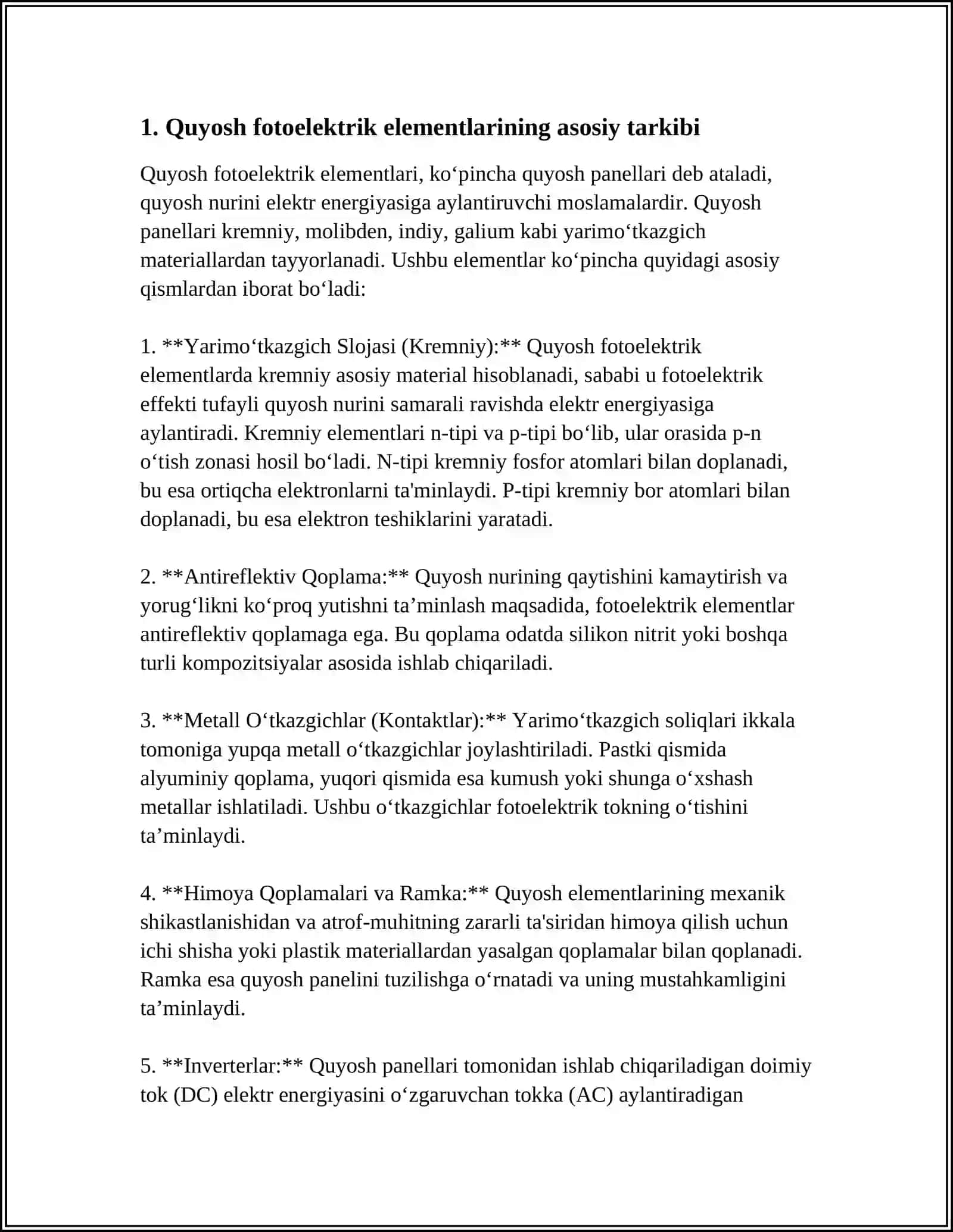QUYOSH FOTOELEKTRIK ELEMENTLARI VA MODULLARI 4