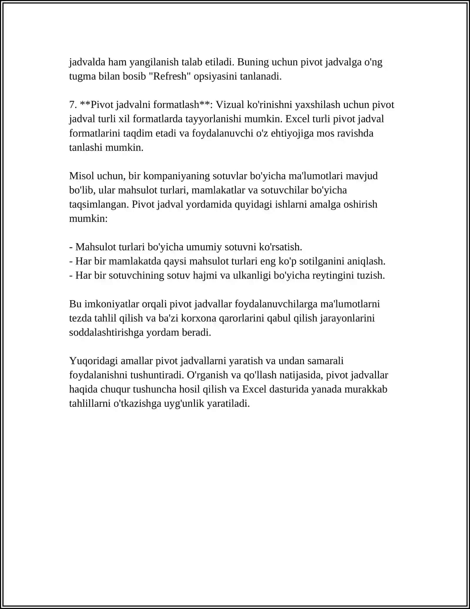 EXEL DASTURIDA TURLI HISOBOTLAR TAYYORLASH 4