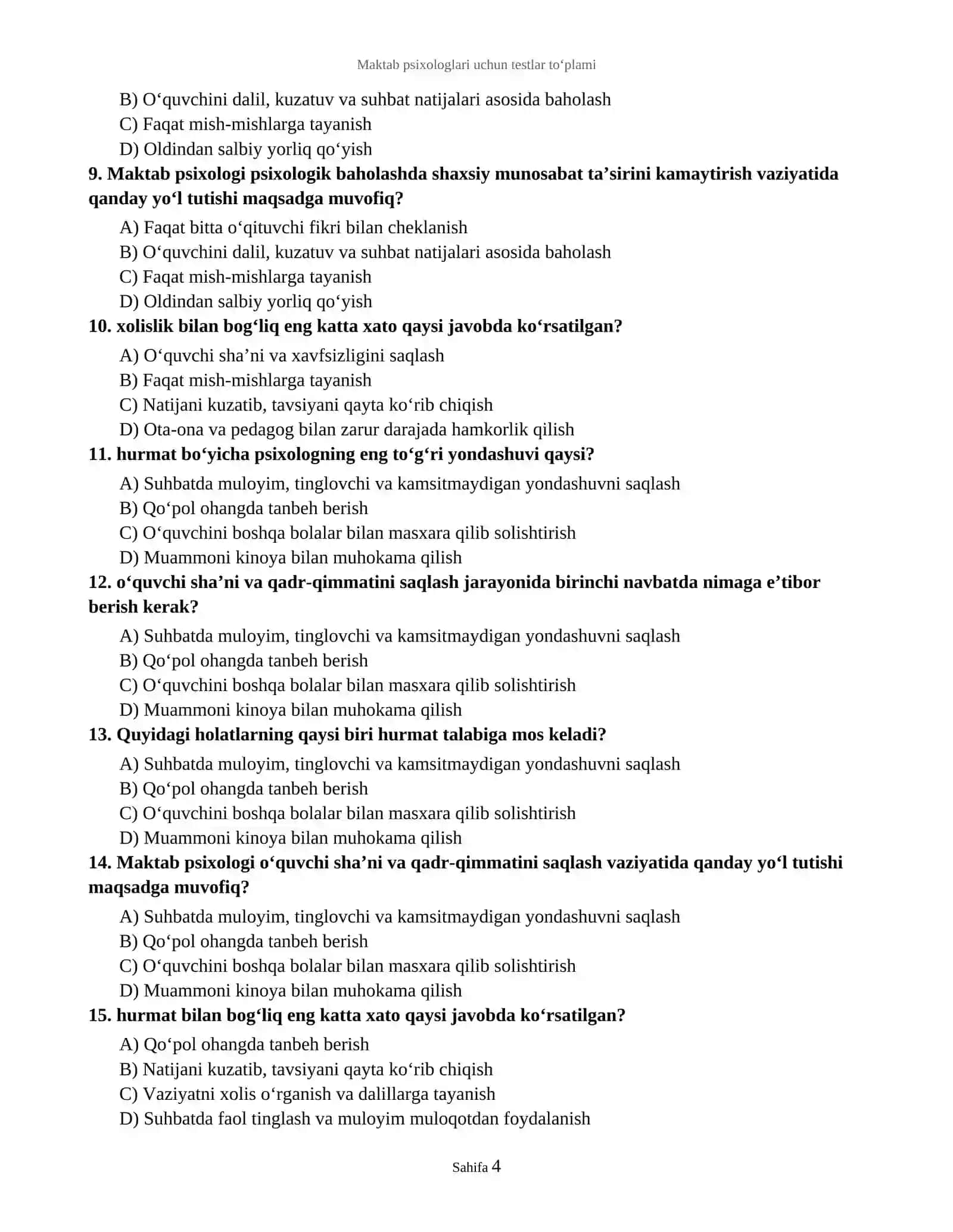 Maktab psixologlari uchun testlar to‘plami 4