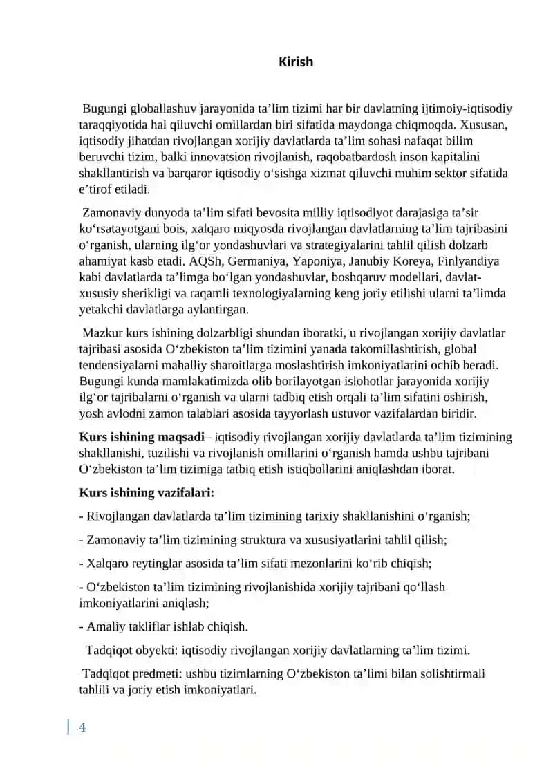 IQTISODIY RIVOJLANGAN XORIJIY DAVLATLARDA TA’LIM TIZIMI MAVZUSIDA YOZGAN KURS ISHI 4