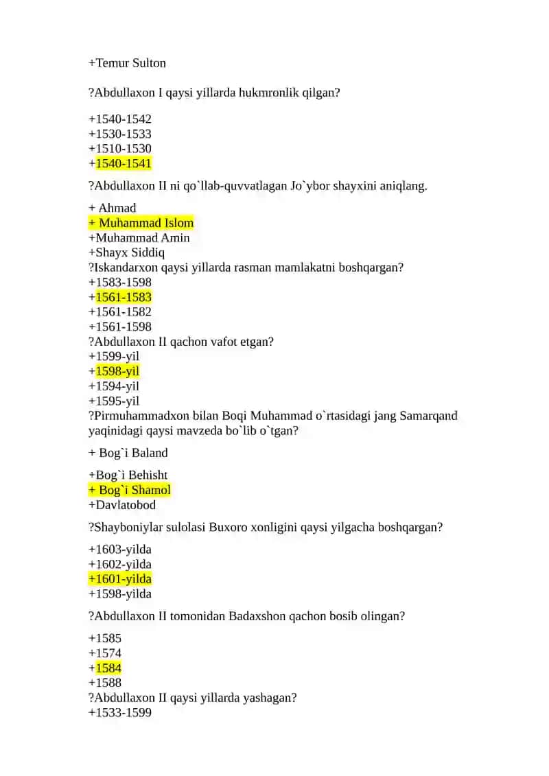 O’zbekiston tarixidan testlar II-kurs I-semestr 4