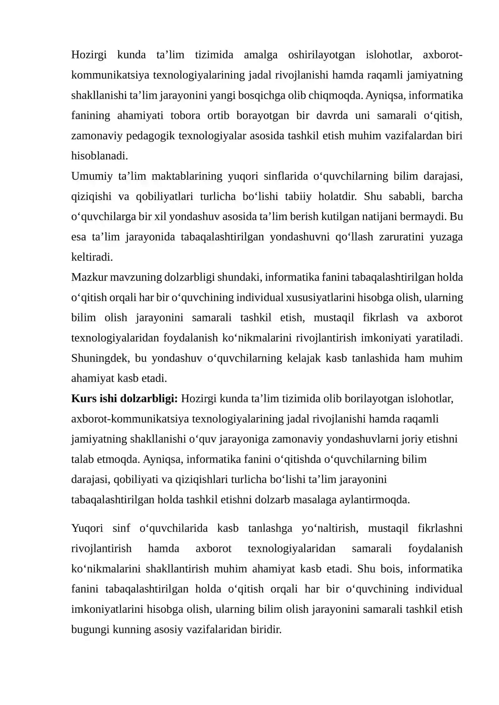 Umumiy ta’lim maktablarining yuqori sinflarida informatika fanini tabaqalashtirilgan holda o’qitish kurs ishi 4