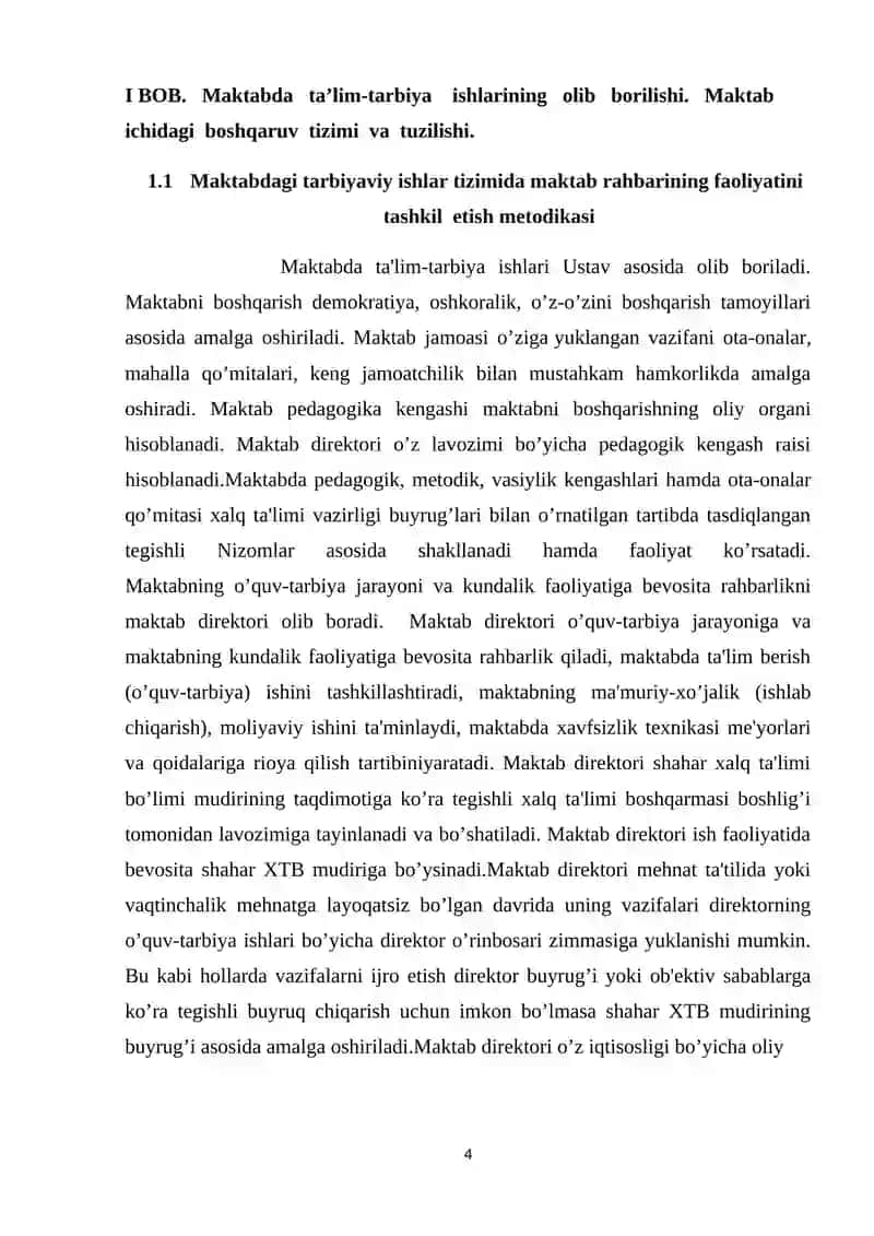 Maktab direktori va uning o’rinbosarlarining ish faoliyati 4