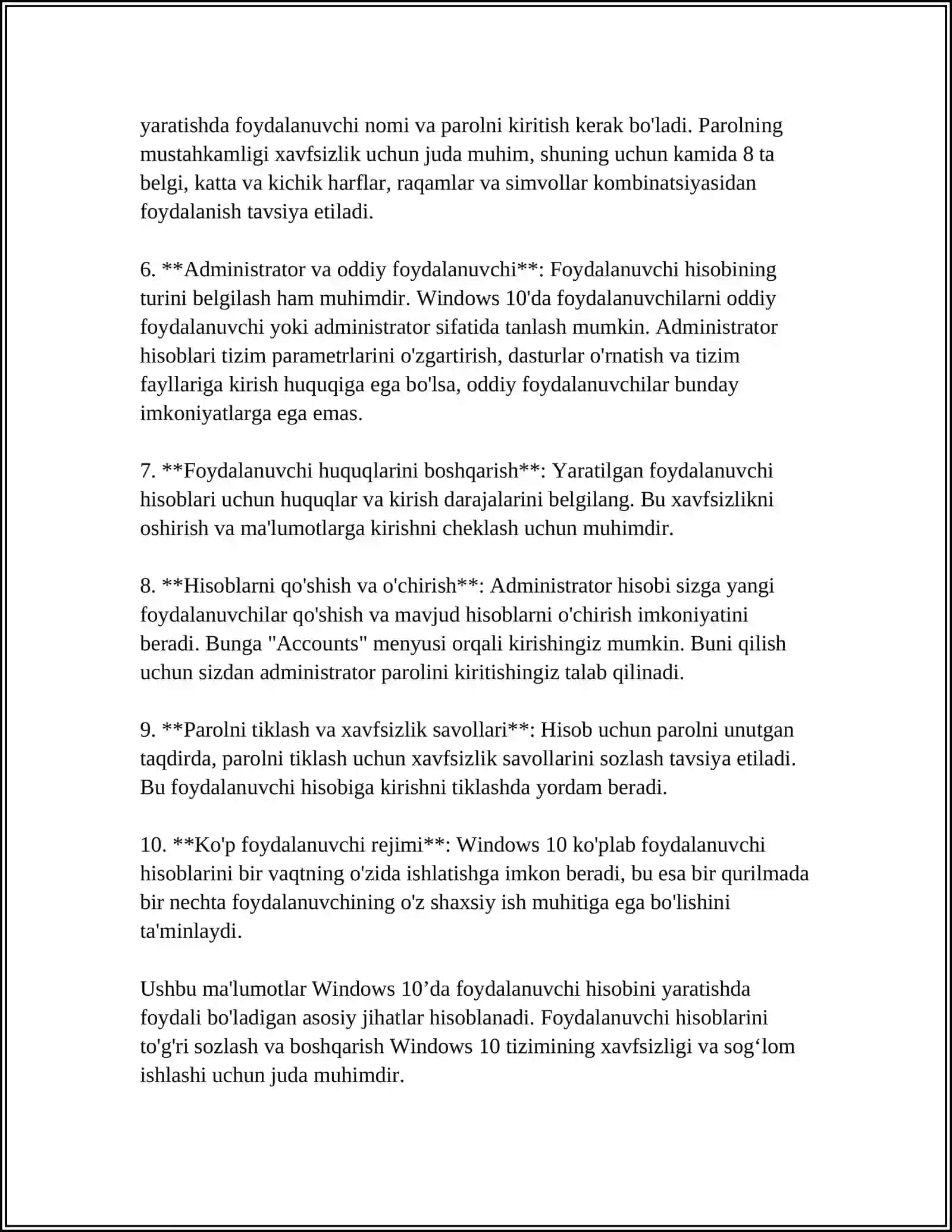 WINDOWS 10DA HISOB QAYDNOMALARINI YARATISH VA SOZLASH 4