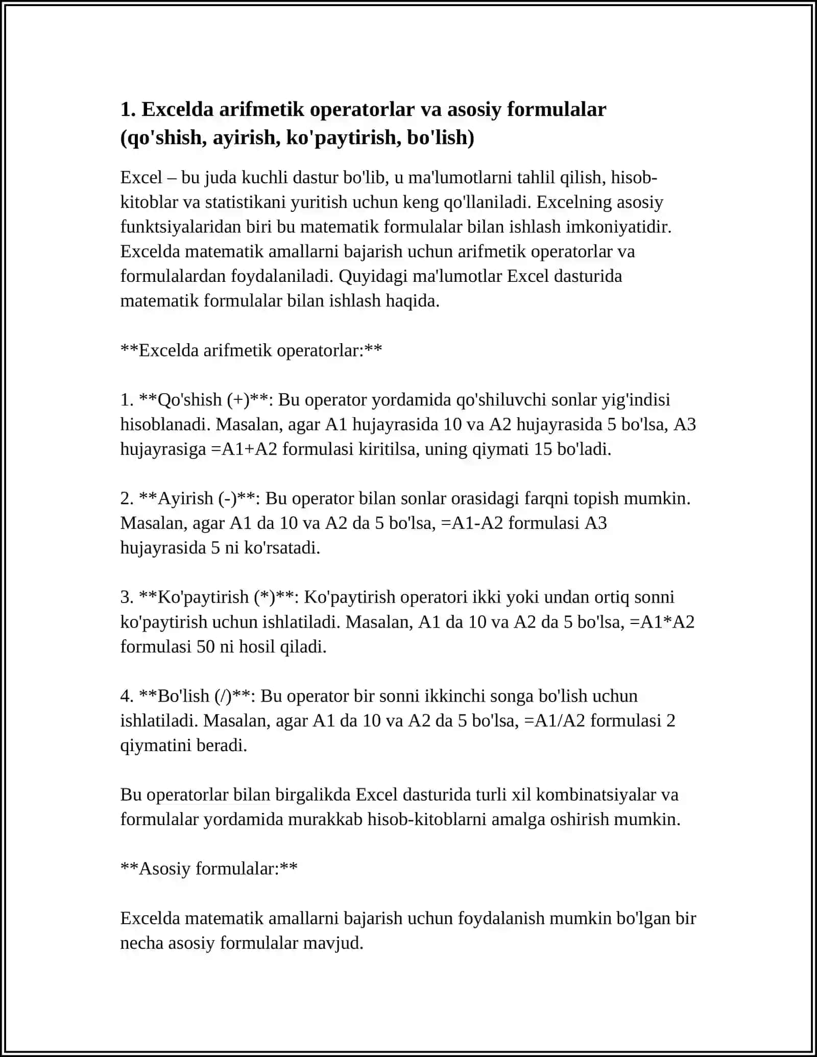 EXCEL DASTURIDA MATEMATIK FORMULALAR BILAN ISHLASH 4