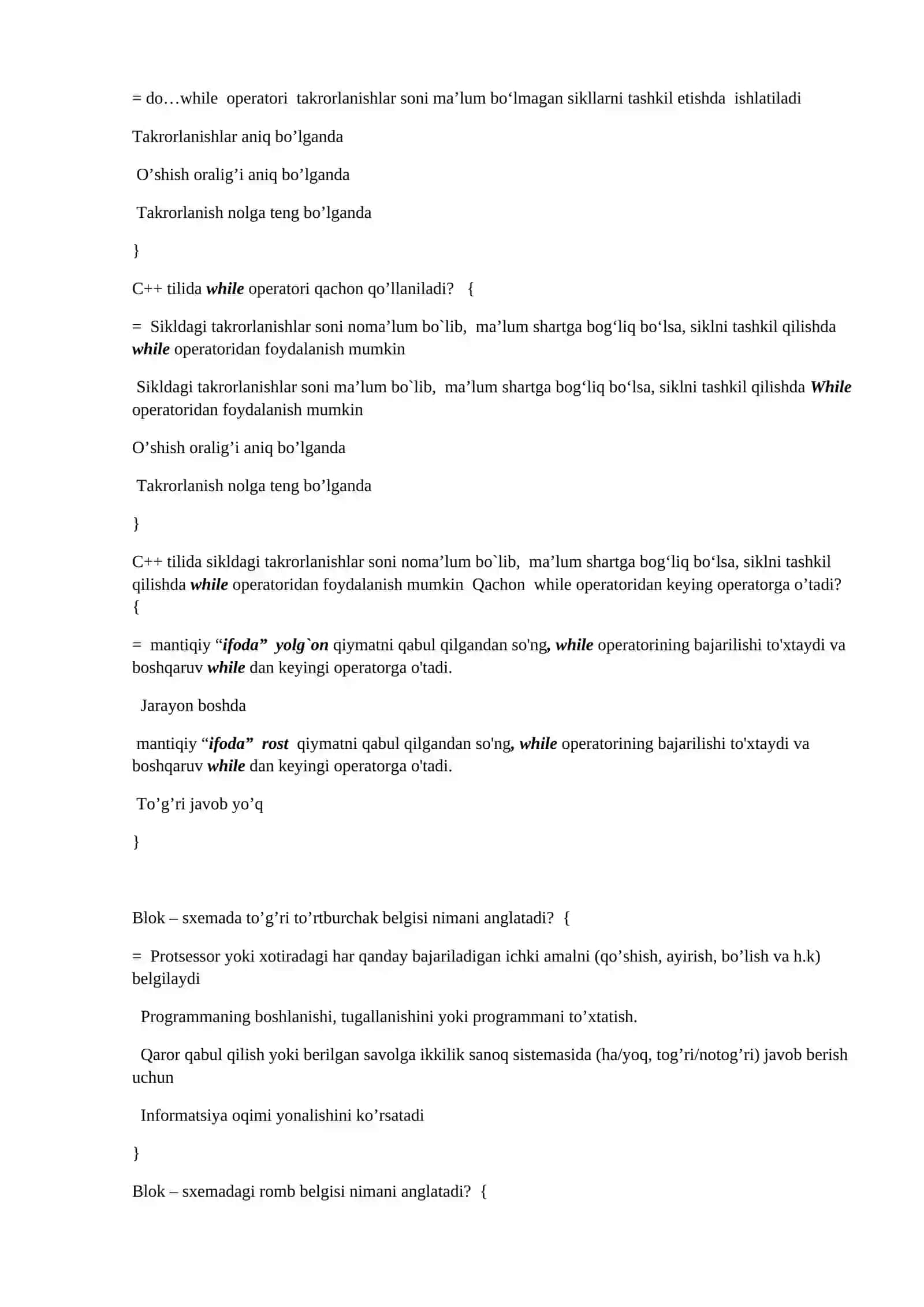 Takrorlanuvchi algoritmlarga doir test savollari 4