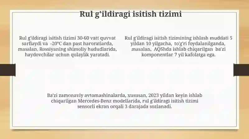 Avtomobilning òrindiqlari va rulini isitish tizimi 4