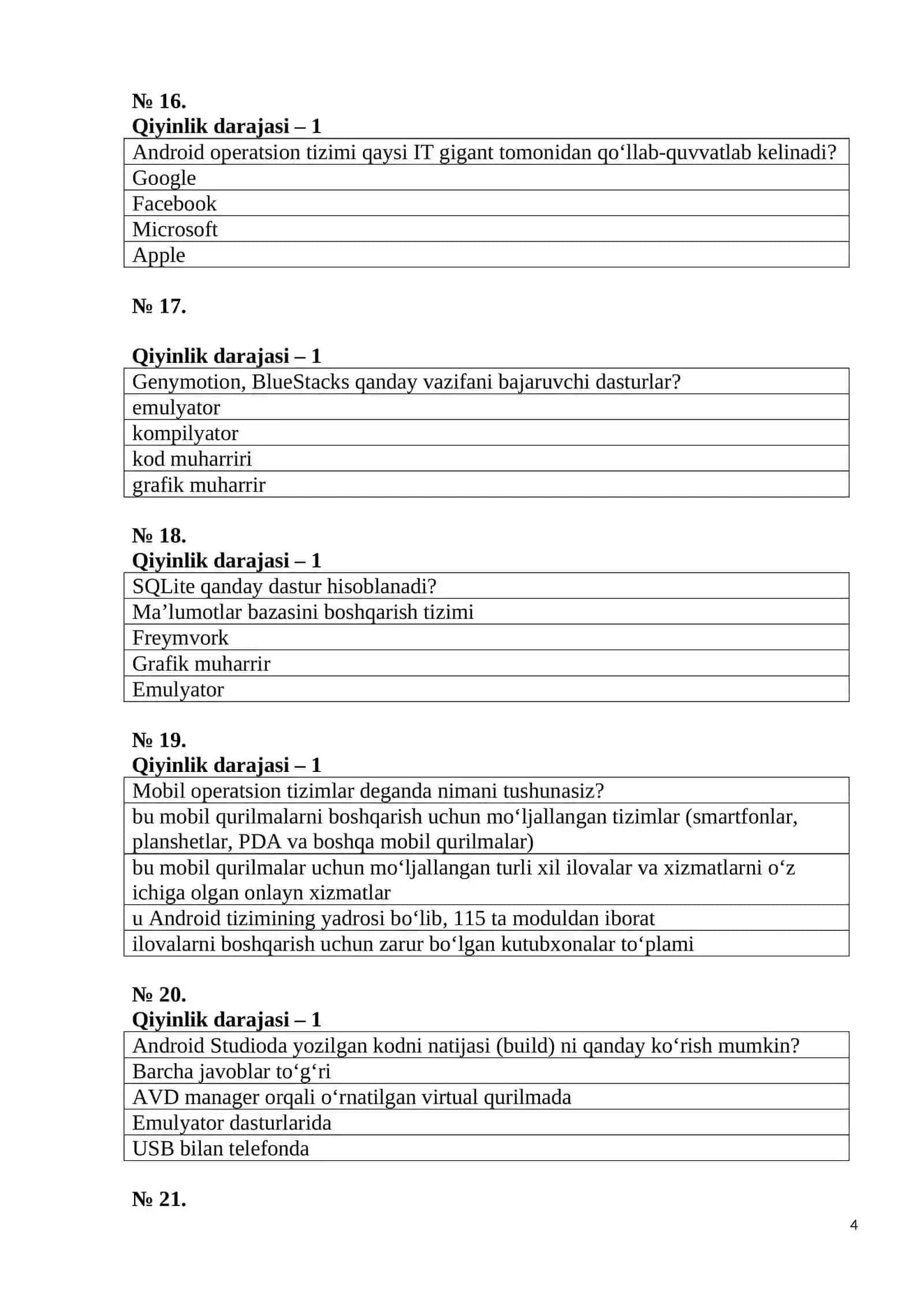 Mobil ilovalarni ishlab chiqish fanidan test 4