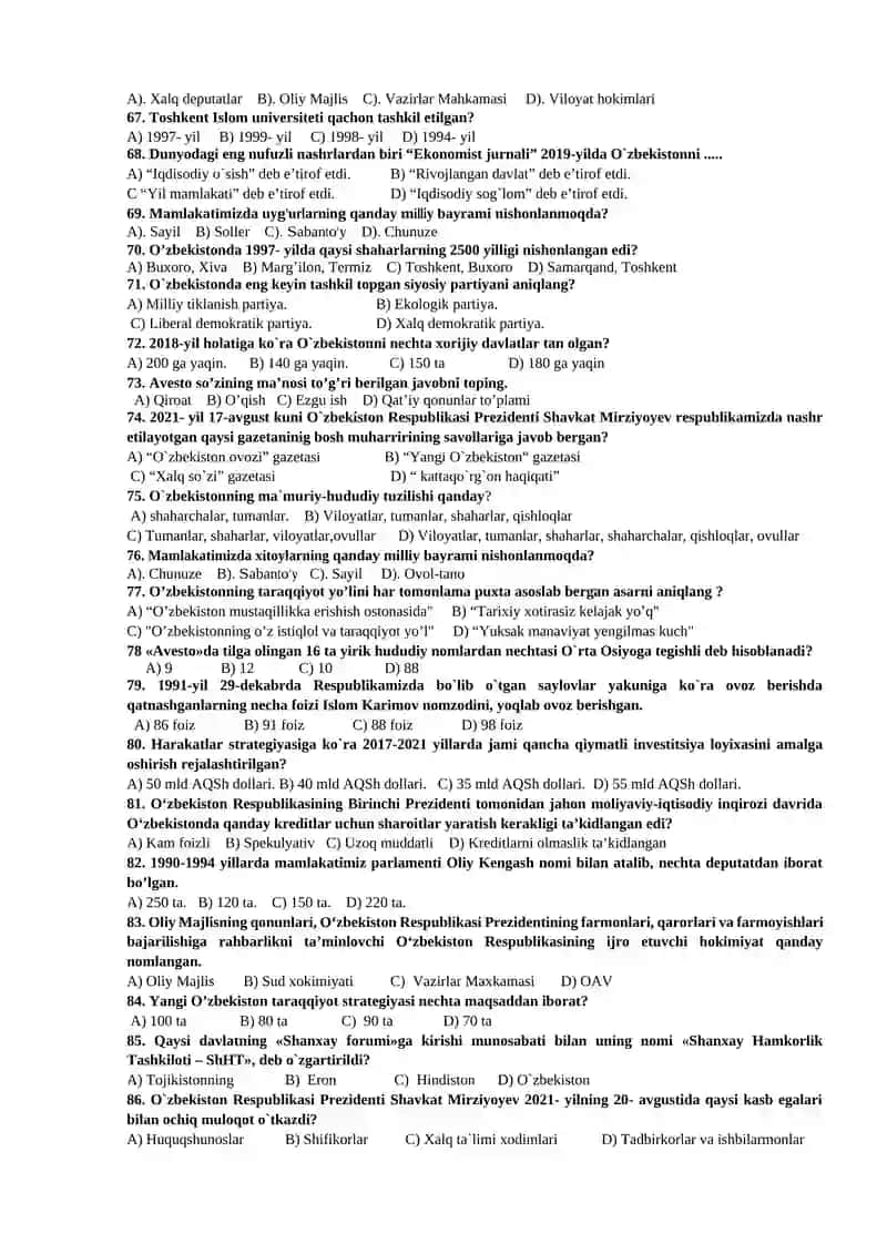 O’ZBEKISTONNING ENG YANGI TARIXI FANIDAN TESTLAR TO’PLAMI 4