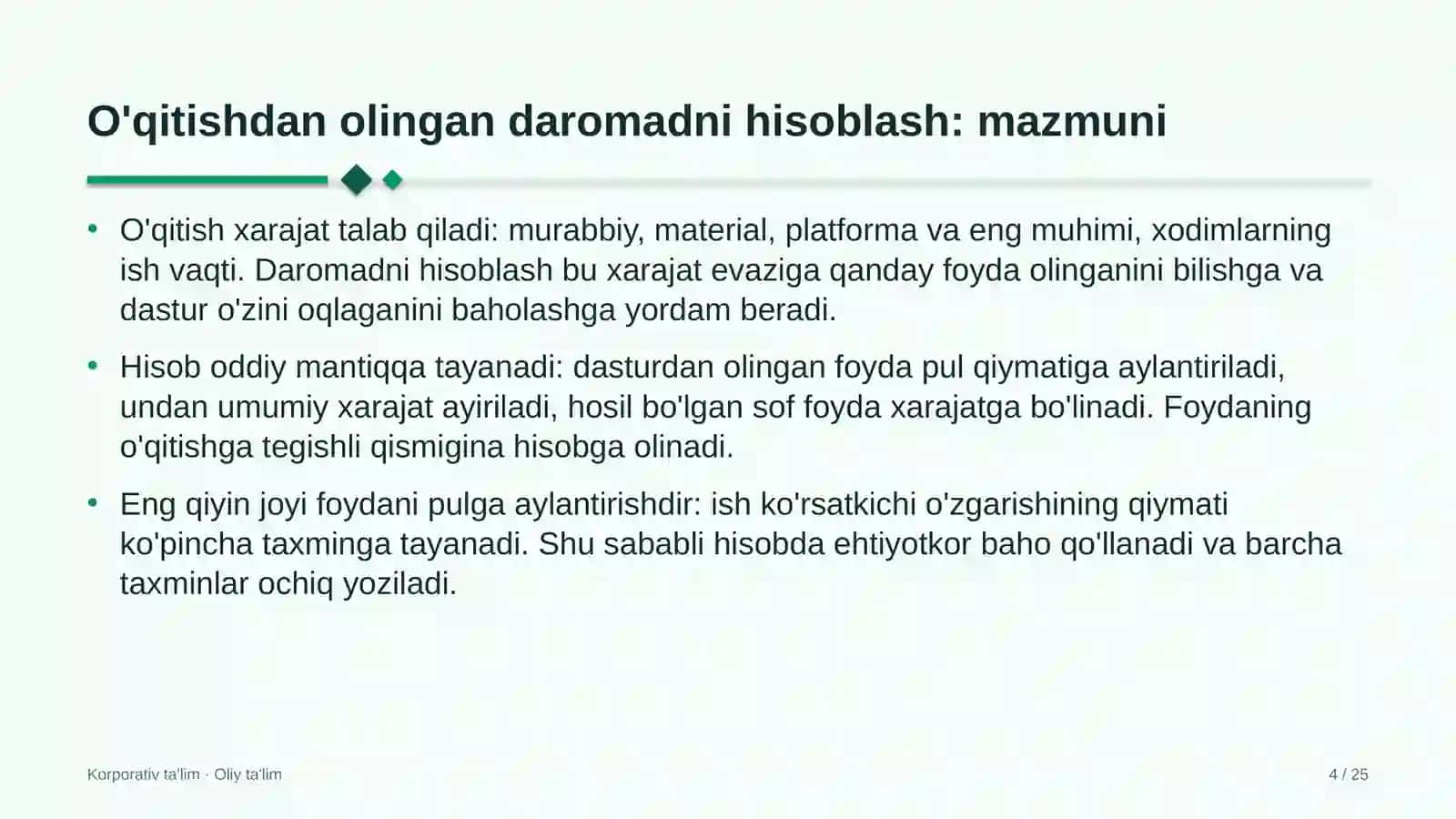 Dilerlik tarmoqlarida o'qitishdan olingan daromadni hisoblash 4