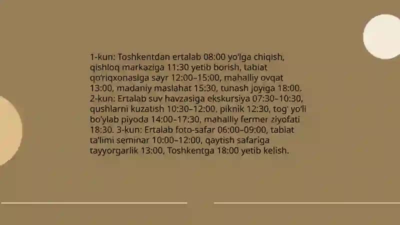 Oʻzbekistonga ekoturizm turpaket 3 kun 4