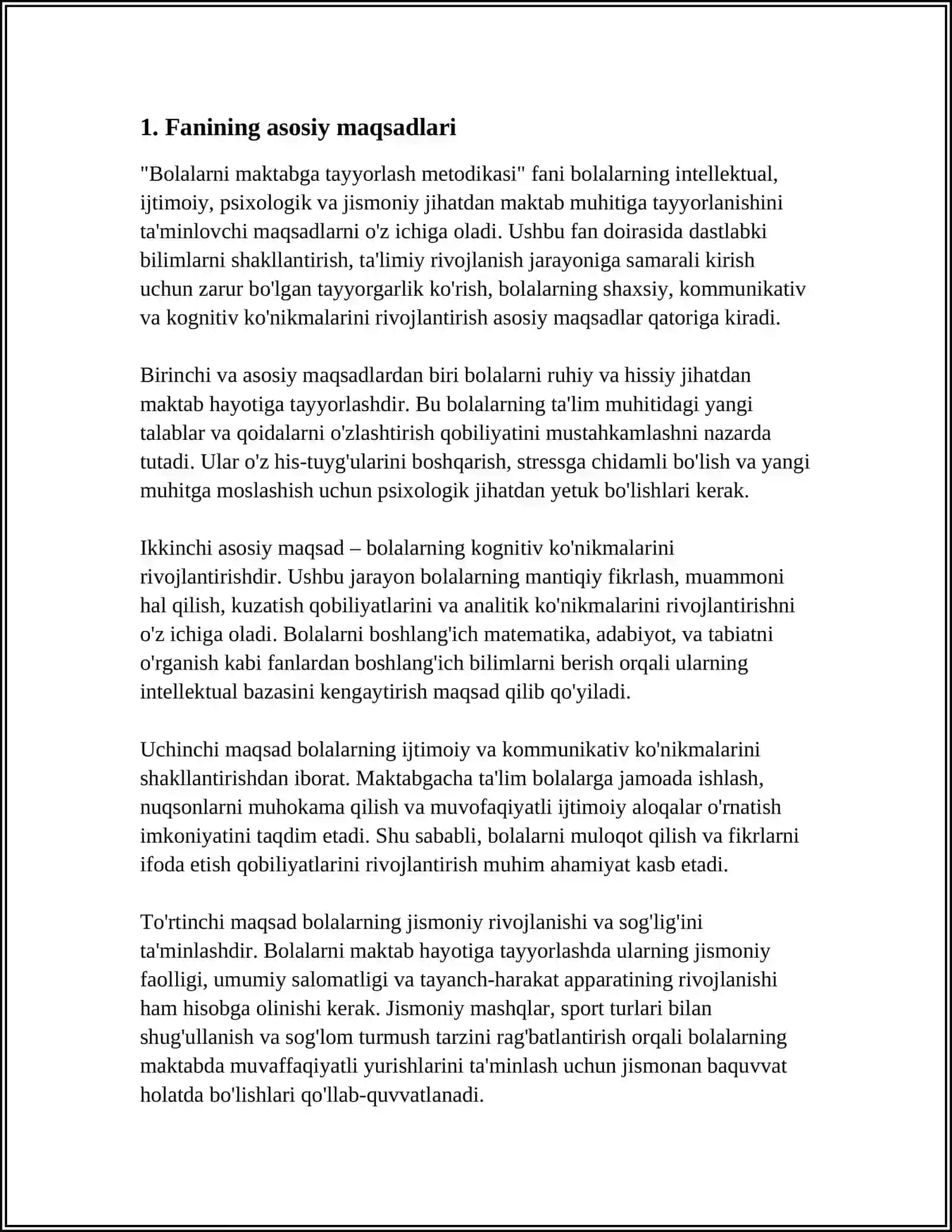 "BOLALARNI MAKTABGA TAYYORLASH METODIKASI" FANINING MAQSAT VA VAZIFALARI 4