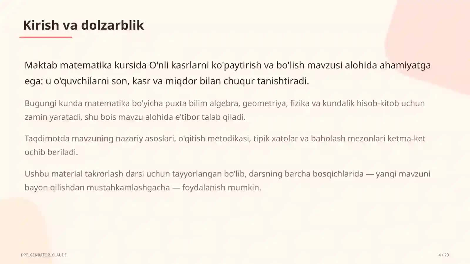 O'nli kasrlarni ko'paytirish va bo'lish (5-sinf) 4