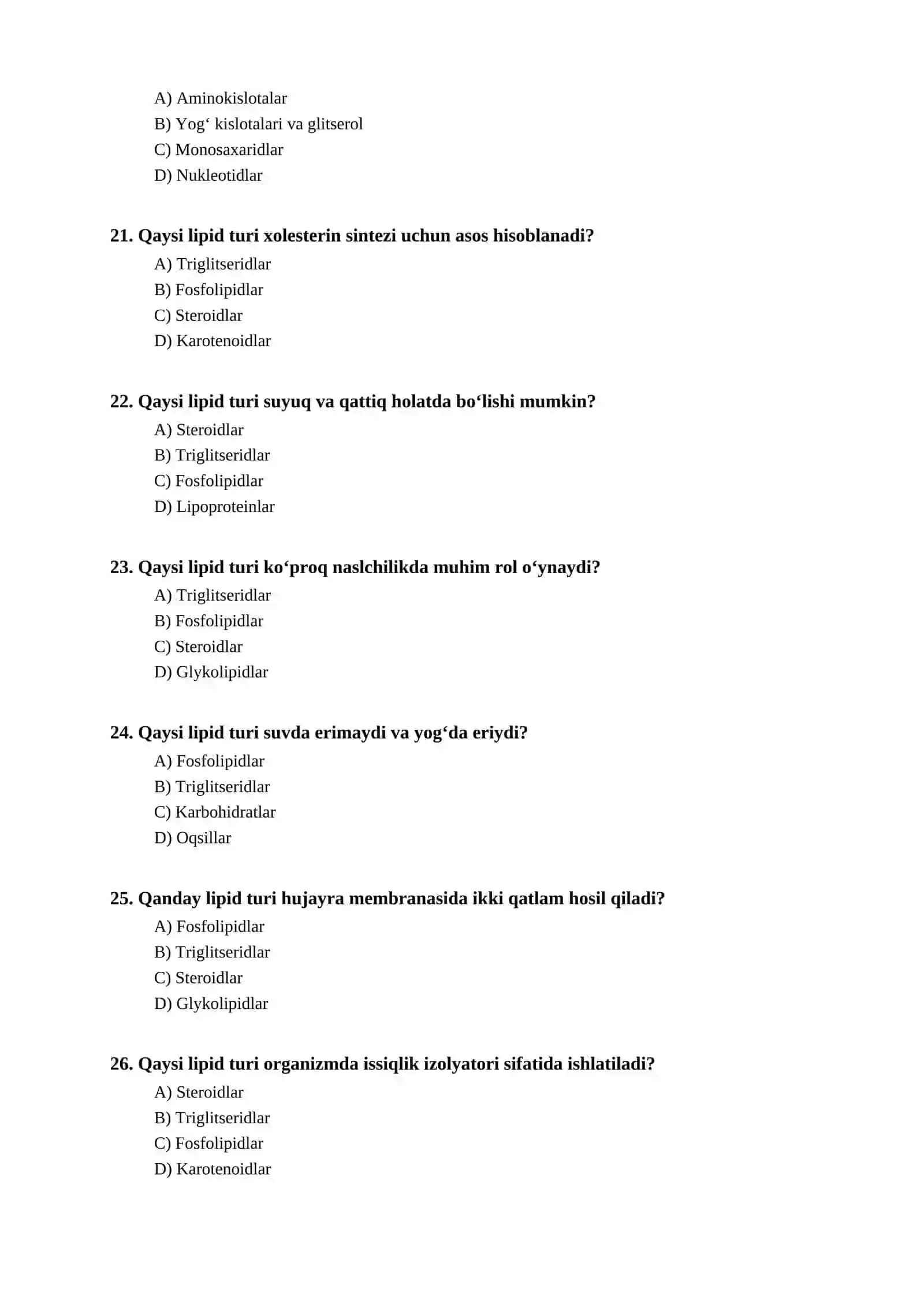 Lipidlar bo'yicha test 4