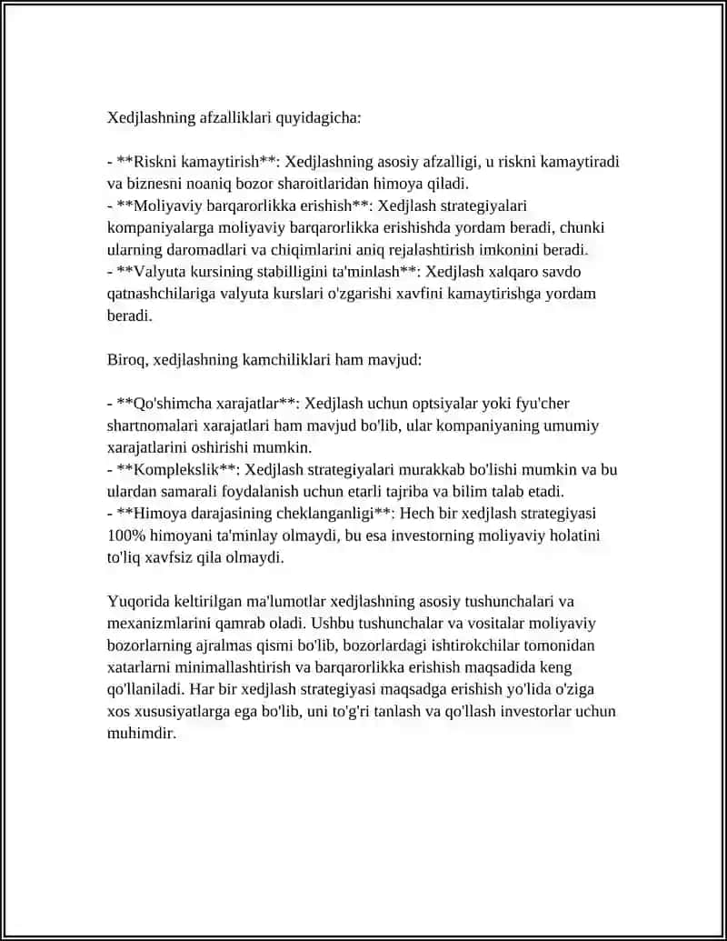 XEDJLASH MOLIYAVIY RISKLARNI PASAYTIRISH USULI SIFATIDA 4