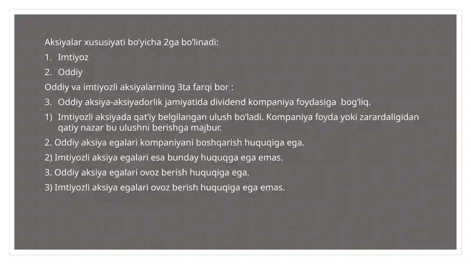 Oddiy aksiyalarning asosiy xususiyatlari, oddiy aksiyalarni baholash 4