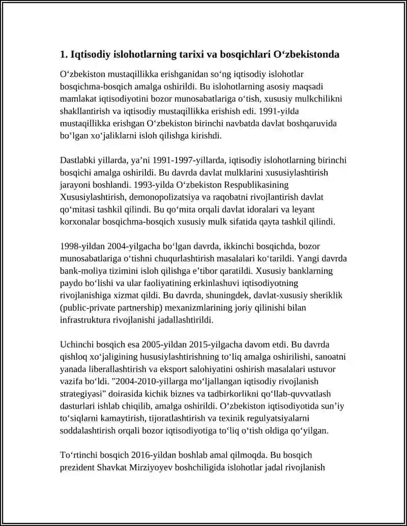 IQTISODIY ISLOHOTLAR, XUSUSIY MULKCHILIKNING SHAKLLANISHI. OʻZBEKISTONDA BOZOR MUNOSABATLARINING RIVOJLANISHI 4
