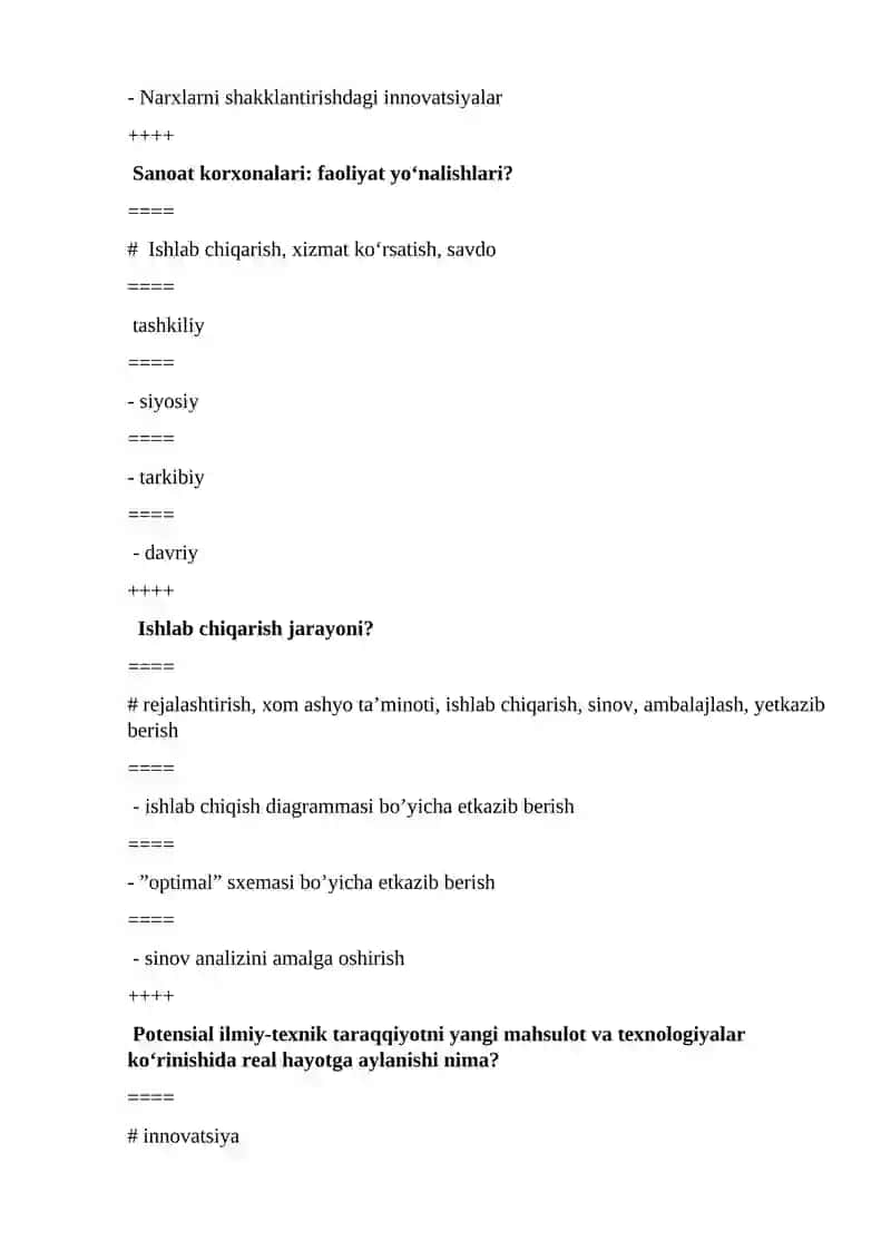 Sanoat iqtisodiyot fanidan test savollari 4