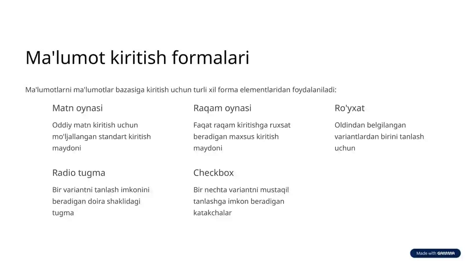 Ma'lumotlarni saralash va ma'lumot kiritish formalari 4