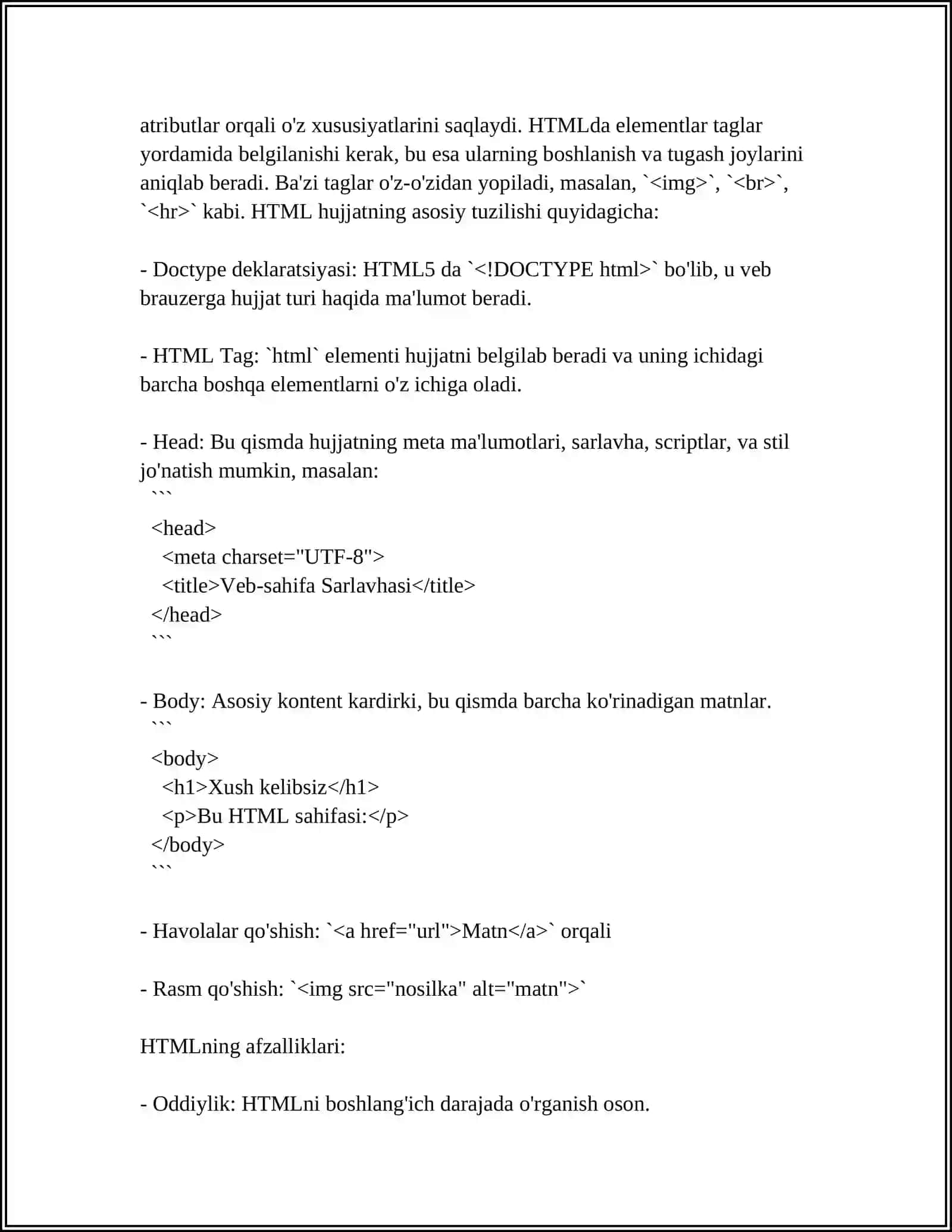 Mavzu: HTML TILIGA KIRISH, UNING ASOSIY ELEMENTLARI. TEG TUSHUNCHASI 4