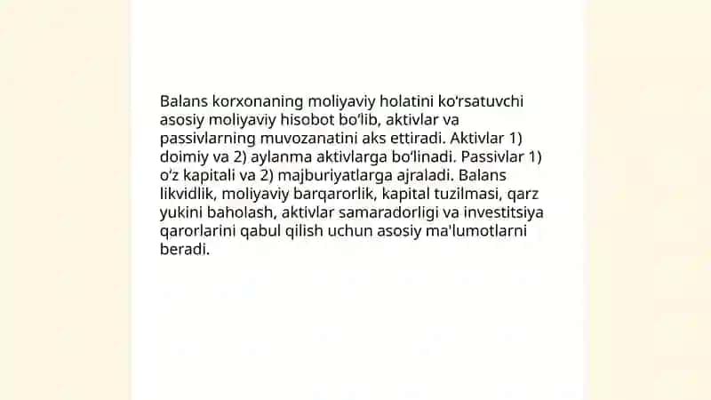 Korxonalar moliyasi va moliyaviy ahvolini baholash 4