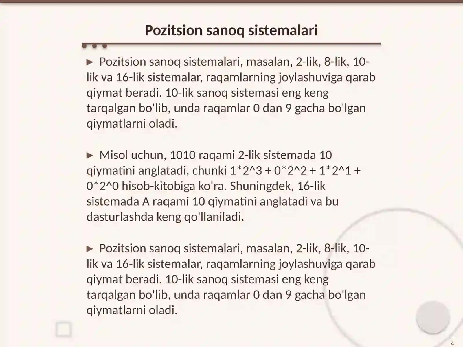 Turli sanoq sistemalari haqida tushuncha.Pozitsion va nopozitsion sanoq sistemalari 4