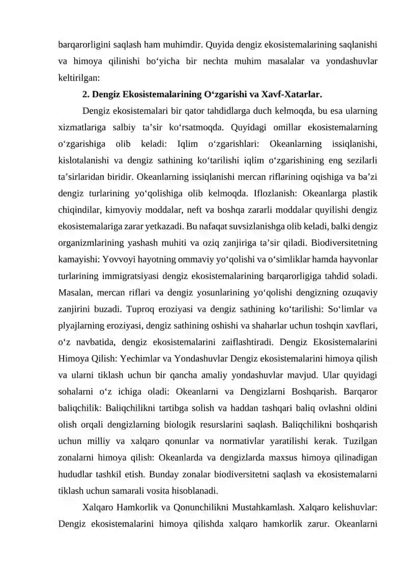 Dengiz ekosistemasi. Xizmatlari. 4