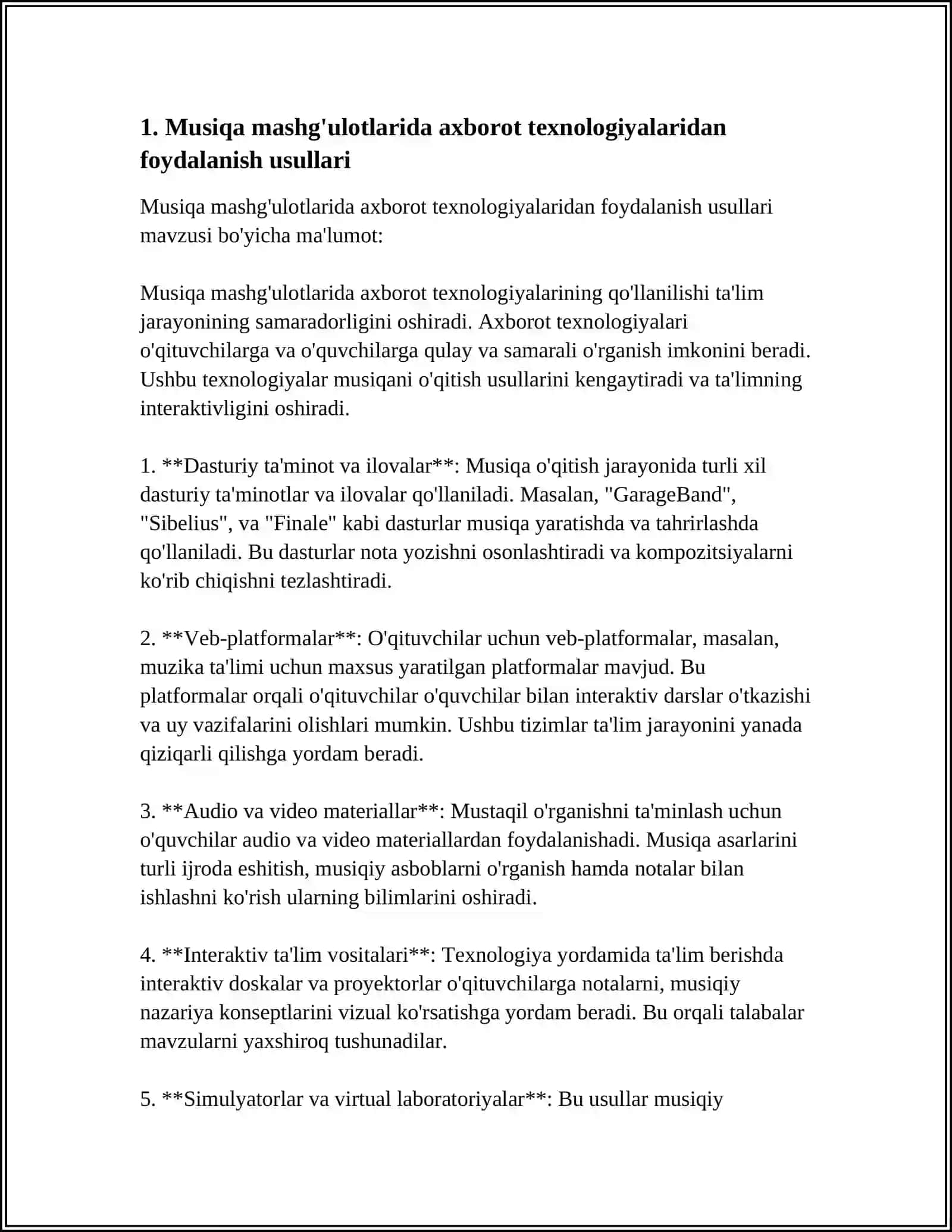 MAVZU ASOSIDA MUSIQA MASHG'ULOTLARINING METODIK TAHMINOTI, ULARDAN VA AXBOROT KOMPYUTER TEXNOLOGIYALARDAN MASHG'ULOT JARAYONIDA FOYDALANISH 4