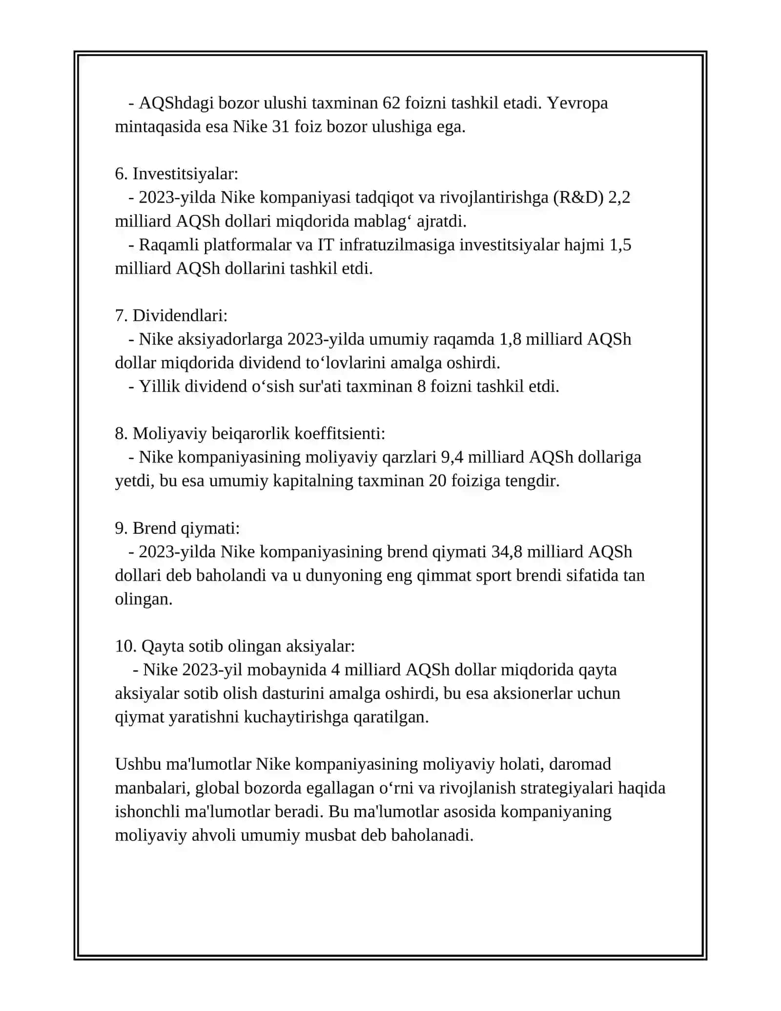 NIKE KOMPANYASINING IQTISODIY TAXLILI 4