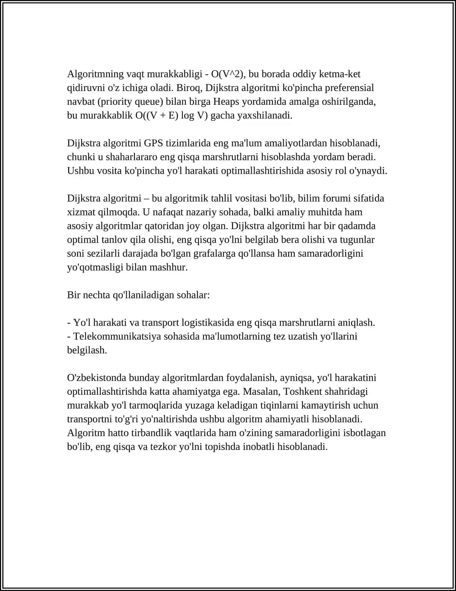 GRAFLARDA ENG QISQA YO'LNI ANIQLASH ALGORITMLAR TAHLILI 4
