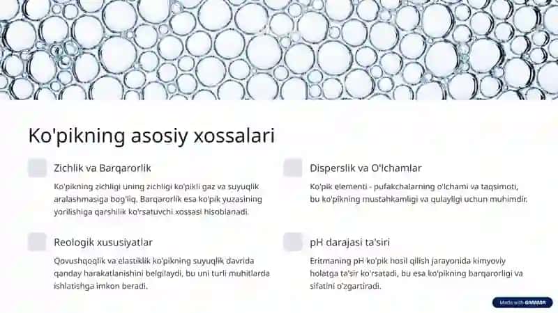 Ko'pik hosil qiluvchilarning xossalari Kirish 4