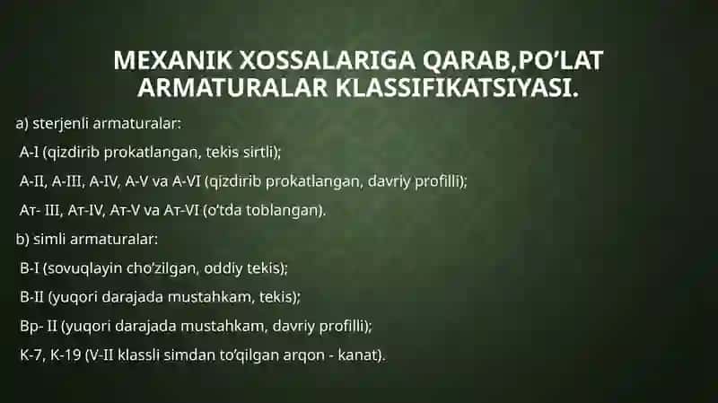 Armatura sterjenlarining klassifikatsiyasi 4
