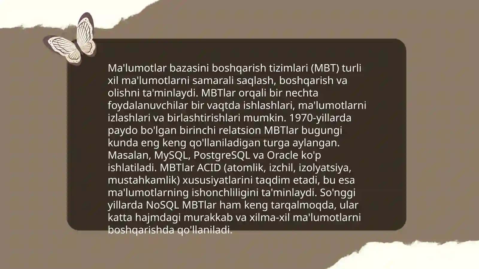 Malumotlar bazalari bilan ishlash tenalo'giyalari 4