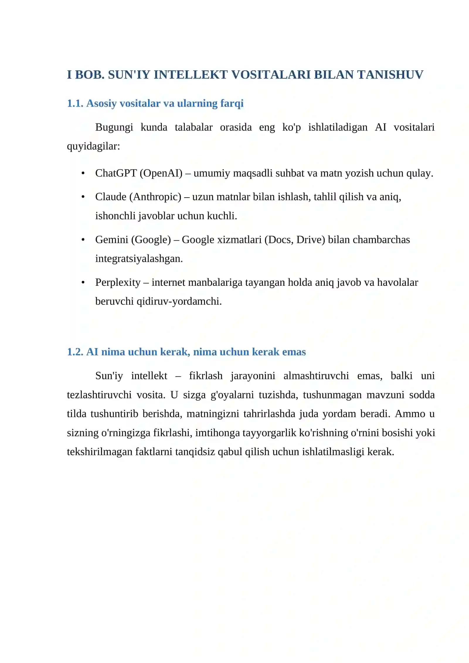 Talabalar uchun sun'iy intellekt (ChatGPT, Claude) dan to'g'ri va samarali foydalanish qo'llanmasi — amaliy prompt namunalari bilan 4