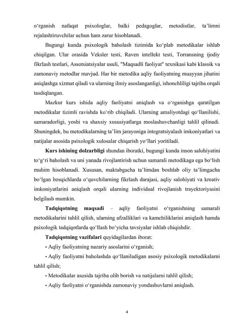 Aqliy faoliyatni o’rganish uchun metodikalar 4