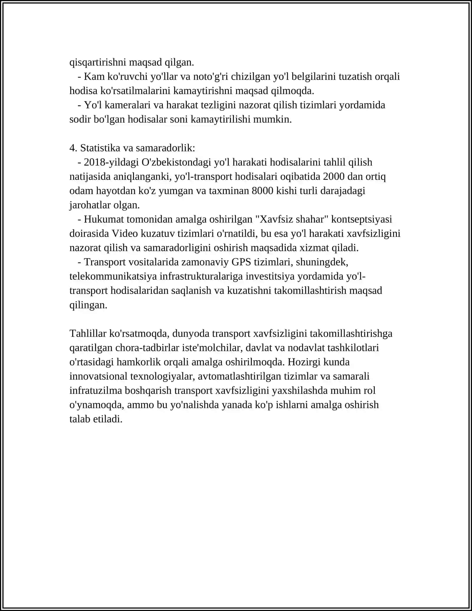 TRANSPORTDA ILMIY, HAVFSIZLIK HAMDA EKOLOGIYA MUAMMOLAR VA ULARNI YETISHLARINI O‘RGANISH 4