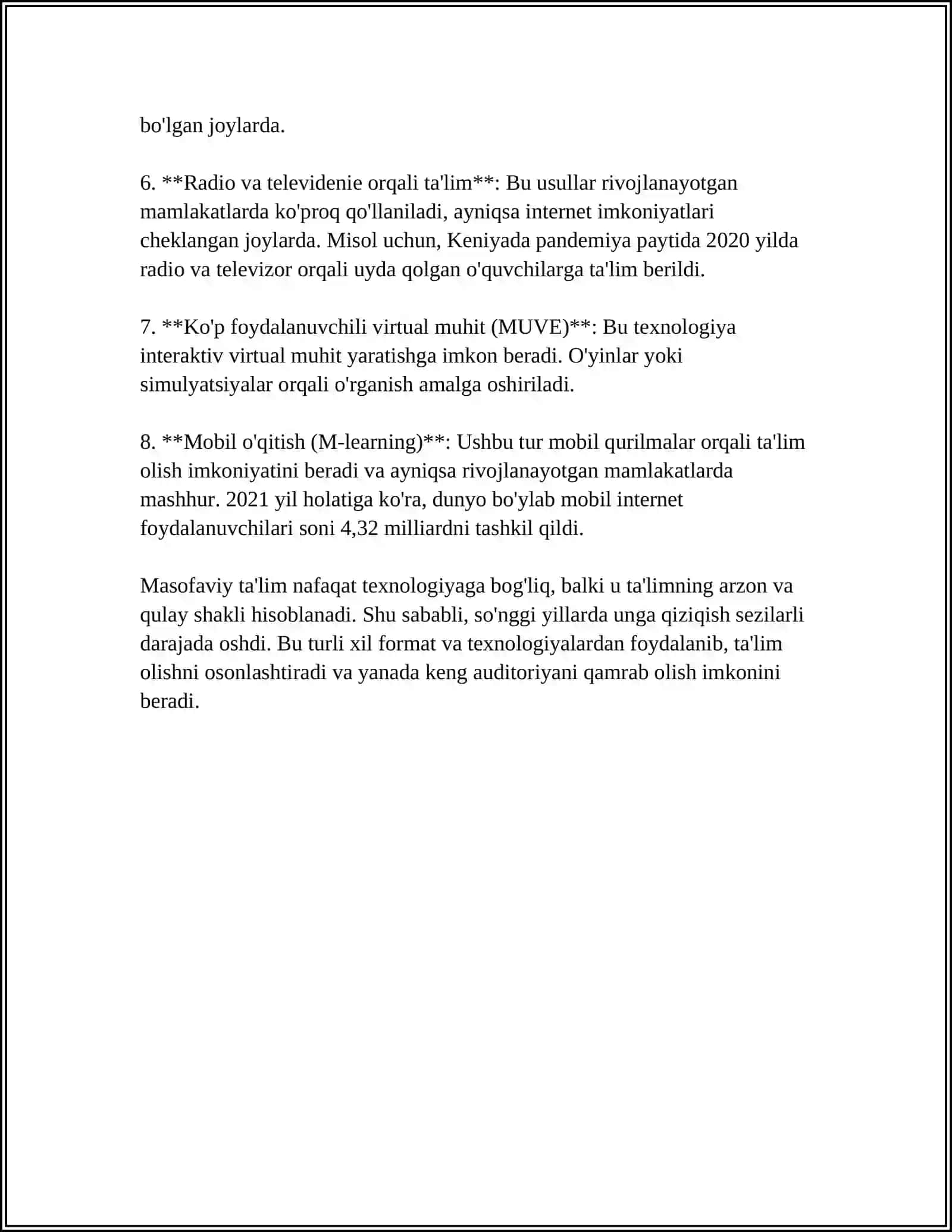 MASOFAVIY TA’LIM TURLARI VA FORMALARI (KEYS, TRANSLYATSIYA VA TARMOQ TEXNOLOGIYALARI) 4