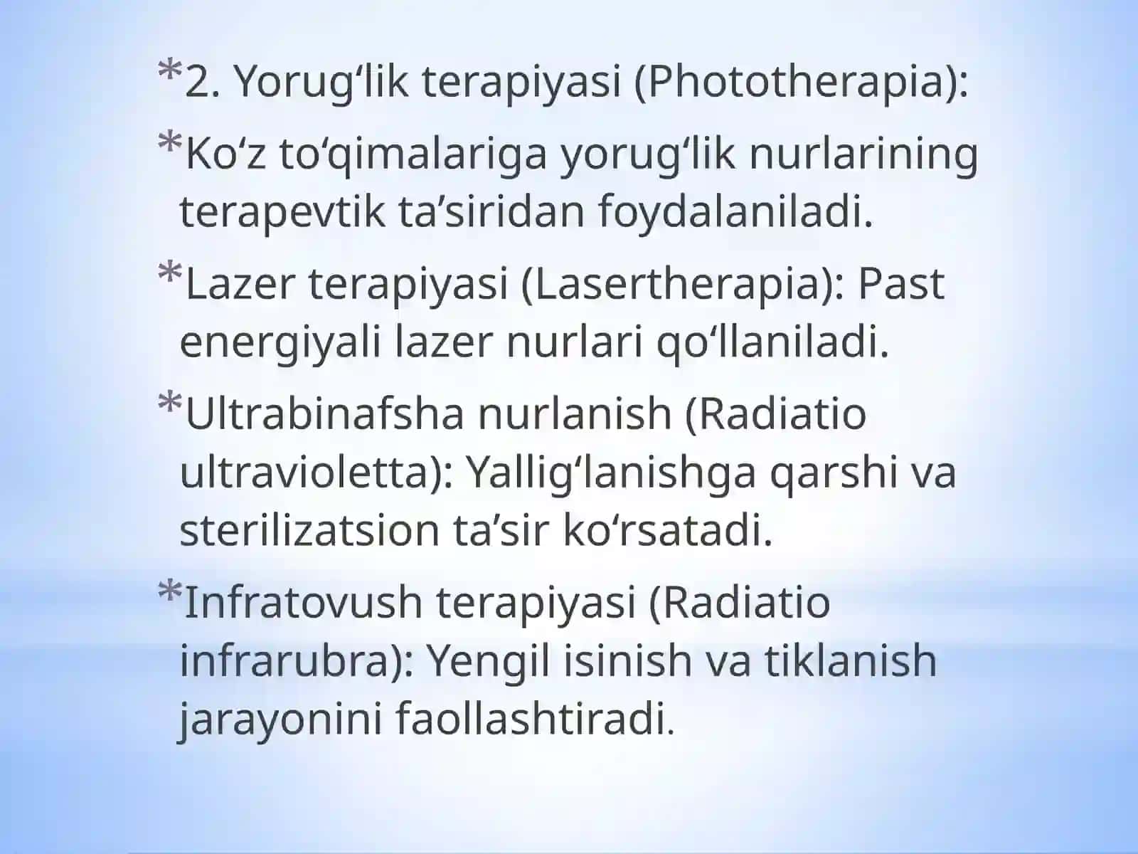Oftalmologiyada qo‘llaniladigan fizioterapevtik davolash usullari 4