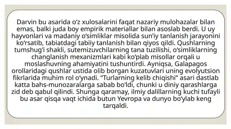Ch.Darvin va boshqa olimlarning evolyutsiyaga doir asarlari 4