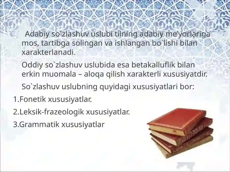 O'zbek adabiy tili me'yorlari Nutqning uslubiy shakllari 4