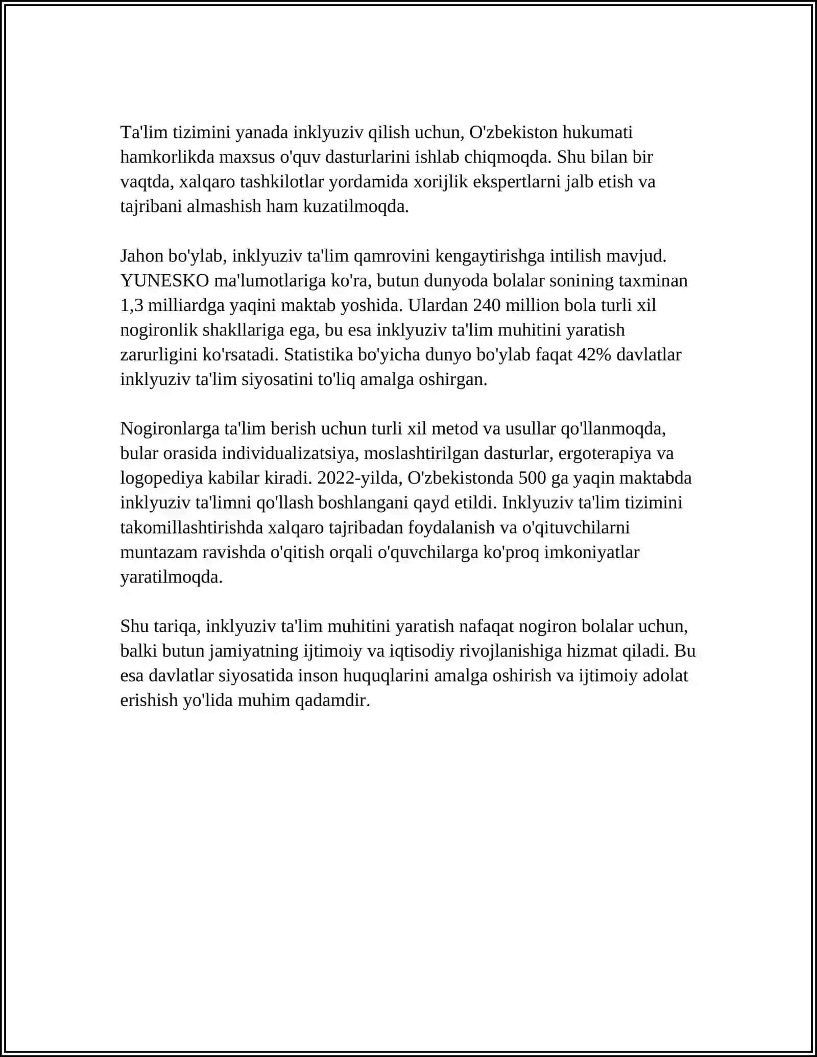 INKLYUZIV TA'LIMDA O'QUV-TARBIYA JARAYONINING SAMARADORLIGINING OSHIRISH YO'LLARI 4