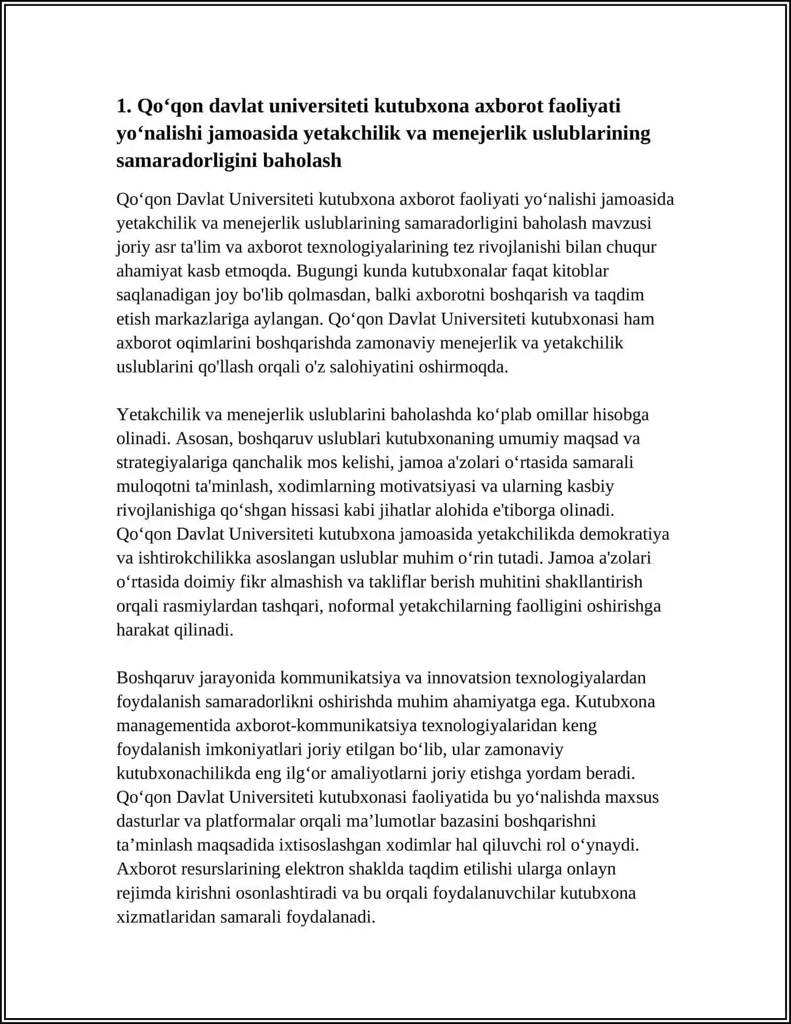 QOʻQON DAVLAT UNIVERSITETI KUTUBXONA AXBOROT FAOLIYATI YOʻNALISHI JAMOADA YETAKCHILIK VA MENEJERLIK USLUBLARI MAVZUSI 4
