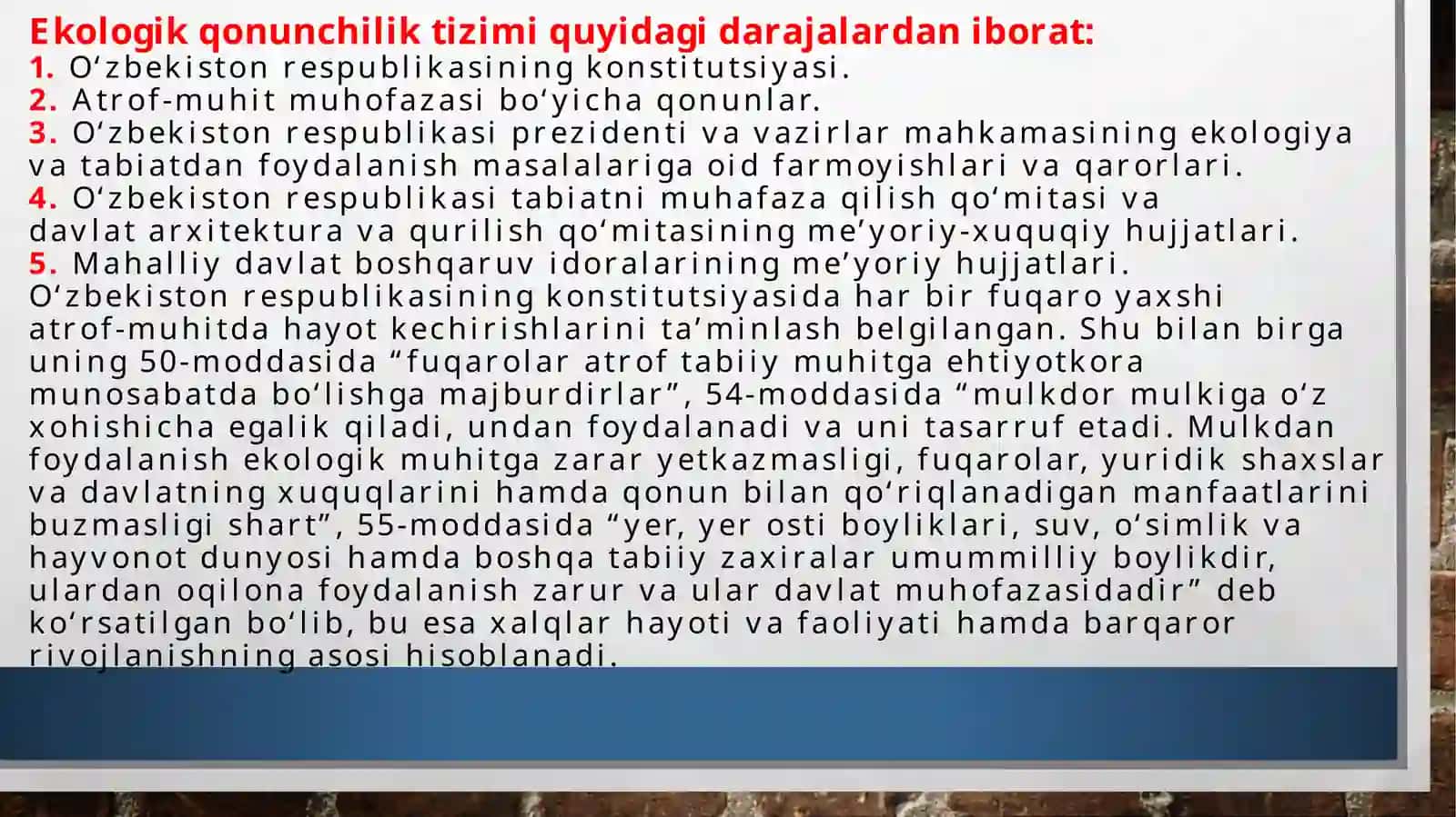 Qurilishda ekologik talablar bilan ishlashning huquqiy asoslari va xuquqiy hujjatlarga rioya etishni 4